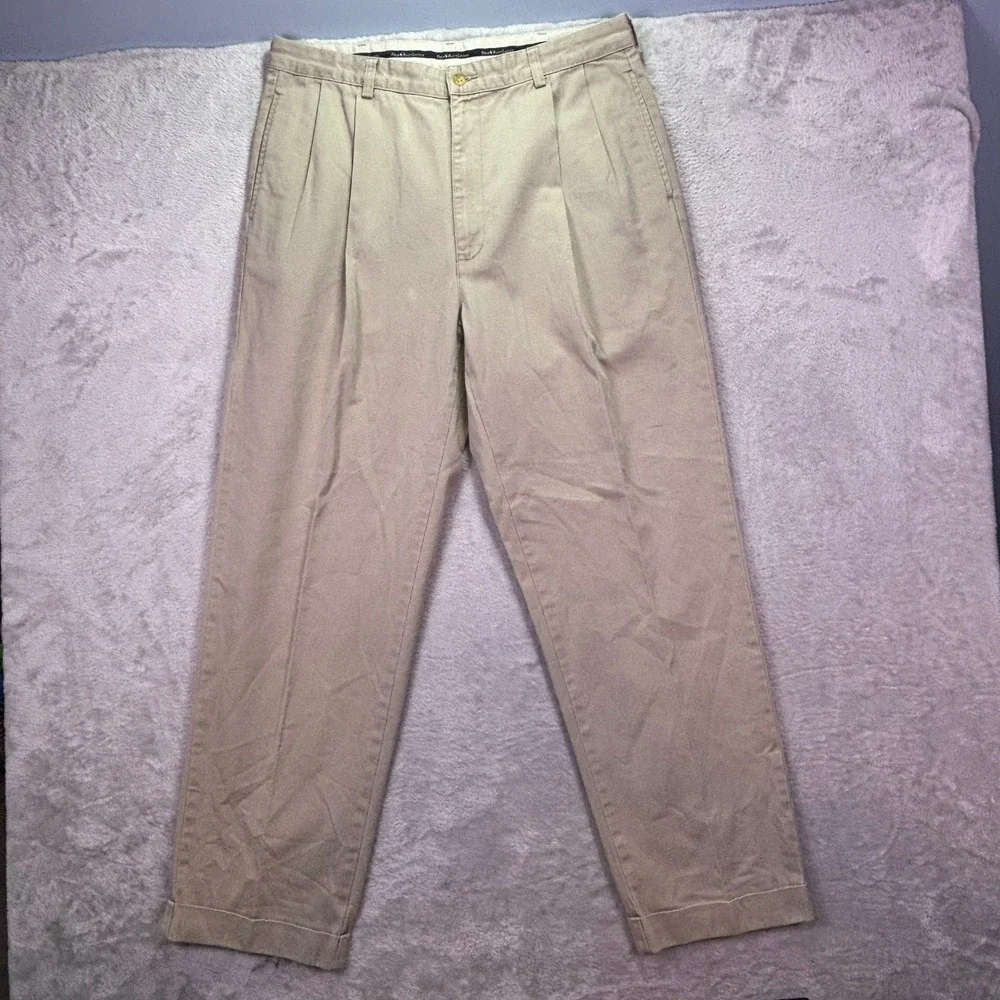 Polo Ralph Lauren Mens Chino Pants 36x32 Khaki Pleated Front Cuffed Cotton Twill